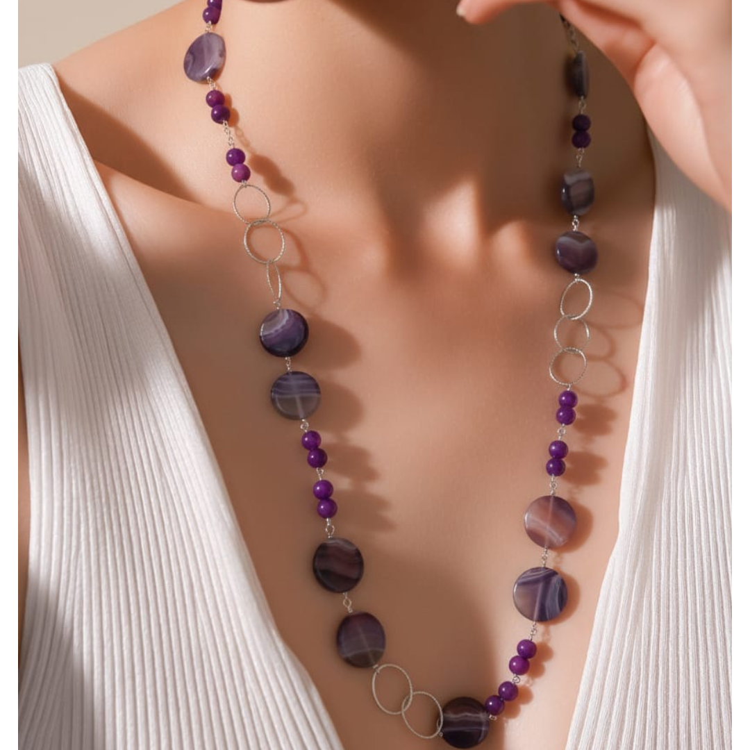 Collana in pietra naturale di agata viola da 10 mm + dischi da 25 mm con pezzi in argento sterling 925