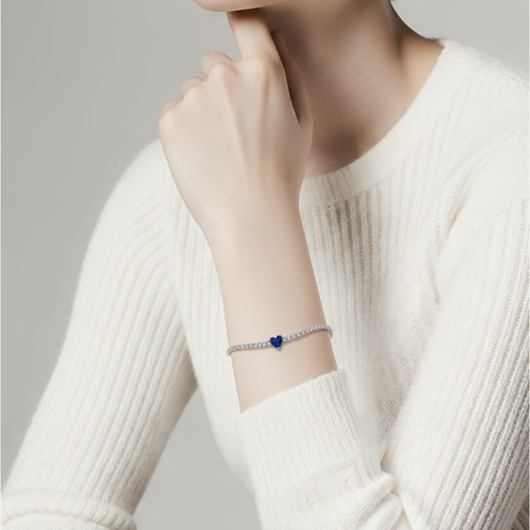 Bracciale tennis in acciaio con pietre di zirconia e ciondolo a forma di cuore bianco, blu navy, rosso o verde