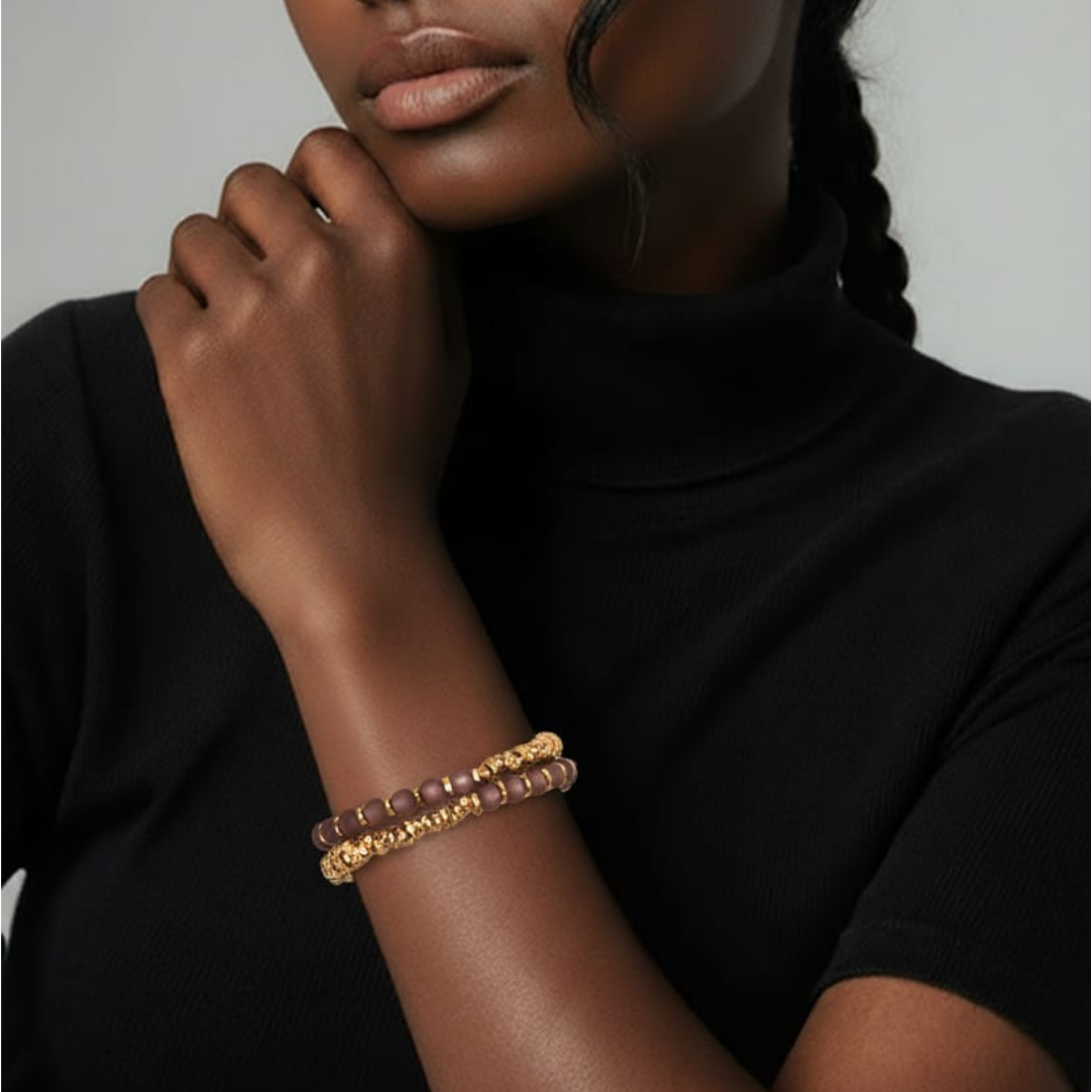 Bracciale doppio con pietra occhio di gatto e perline oro rosa