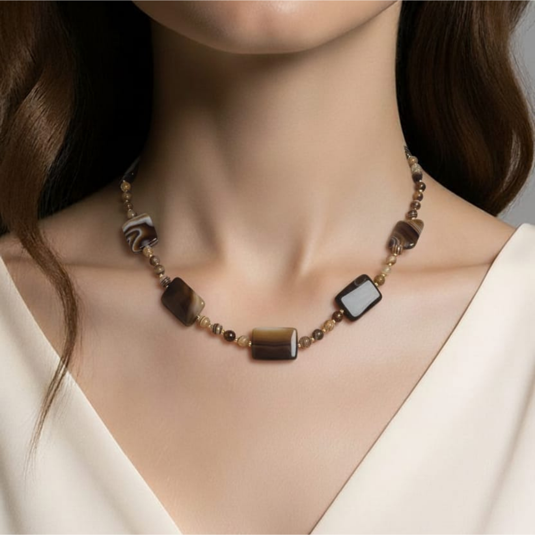 Brown Agate Choker with Swarovski Strass Beads and 925 Sterling Silver
