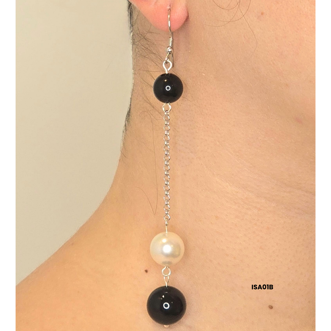 Earrings with 12 mm white Swarovski pearls and 10 mm and 14 mm black onyx with 925 sterling silver components