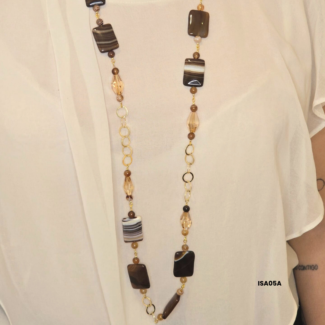 Brown Agate and Swarovski Crystal Necklace – Natural Elegance in Earthy Tones