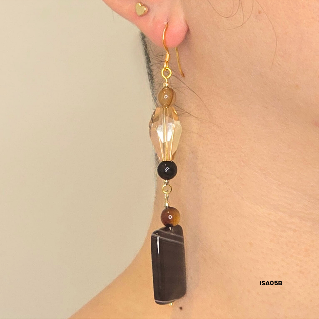 Brown Agate Earrings with Swarovski Crystals and 925 Silver