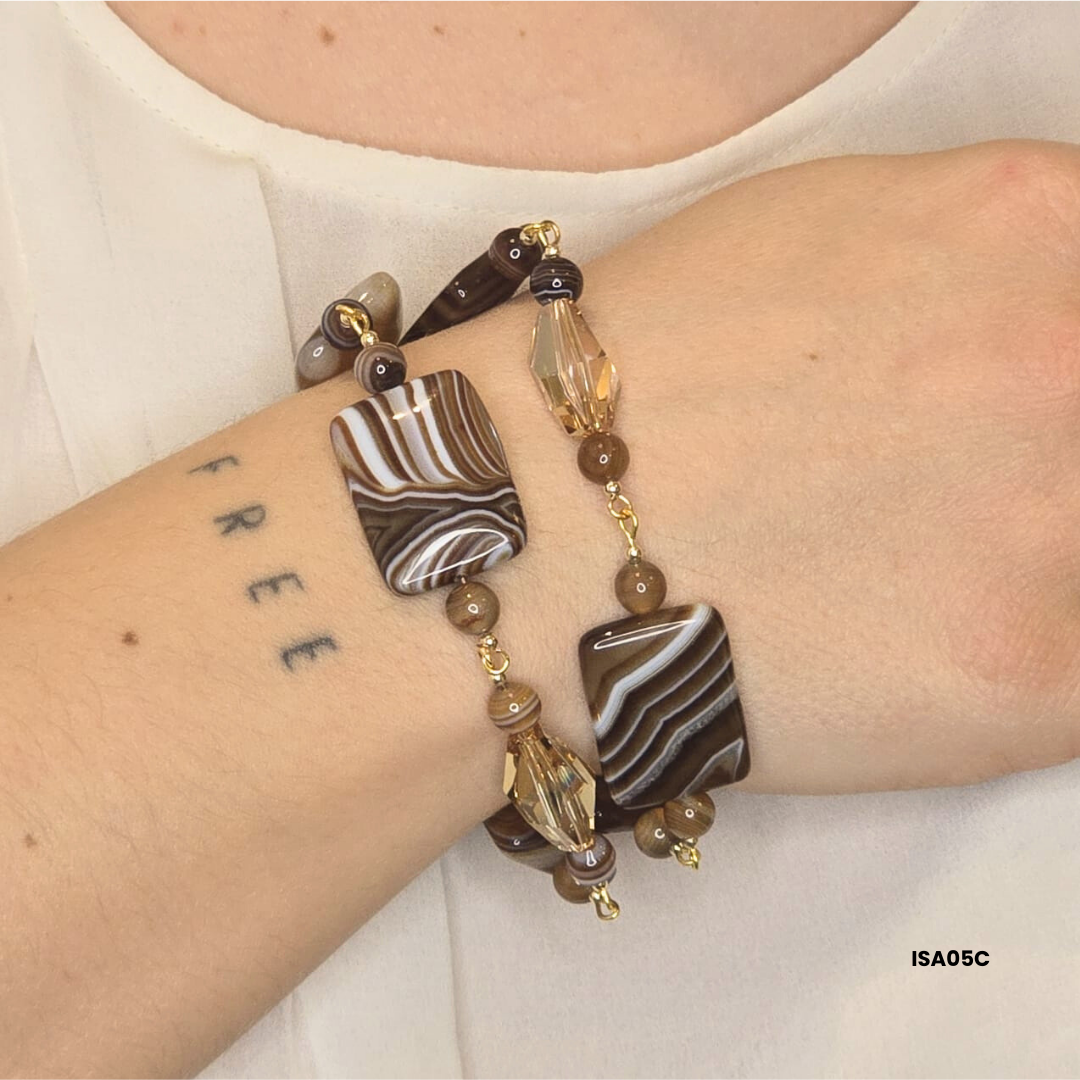 Brown Agate Bracelet with Swarovski Crystals and 925 Sterling Silver