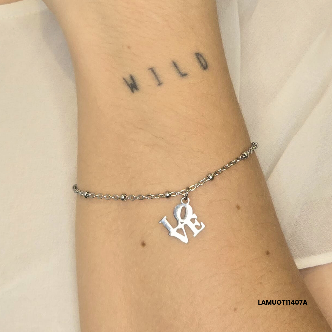 Slim Stainless Steel Bracelet with LOVE Pendant – Available in Gold or Steel