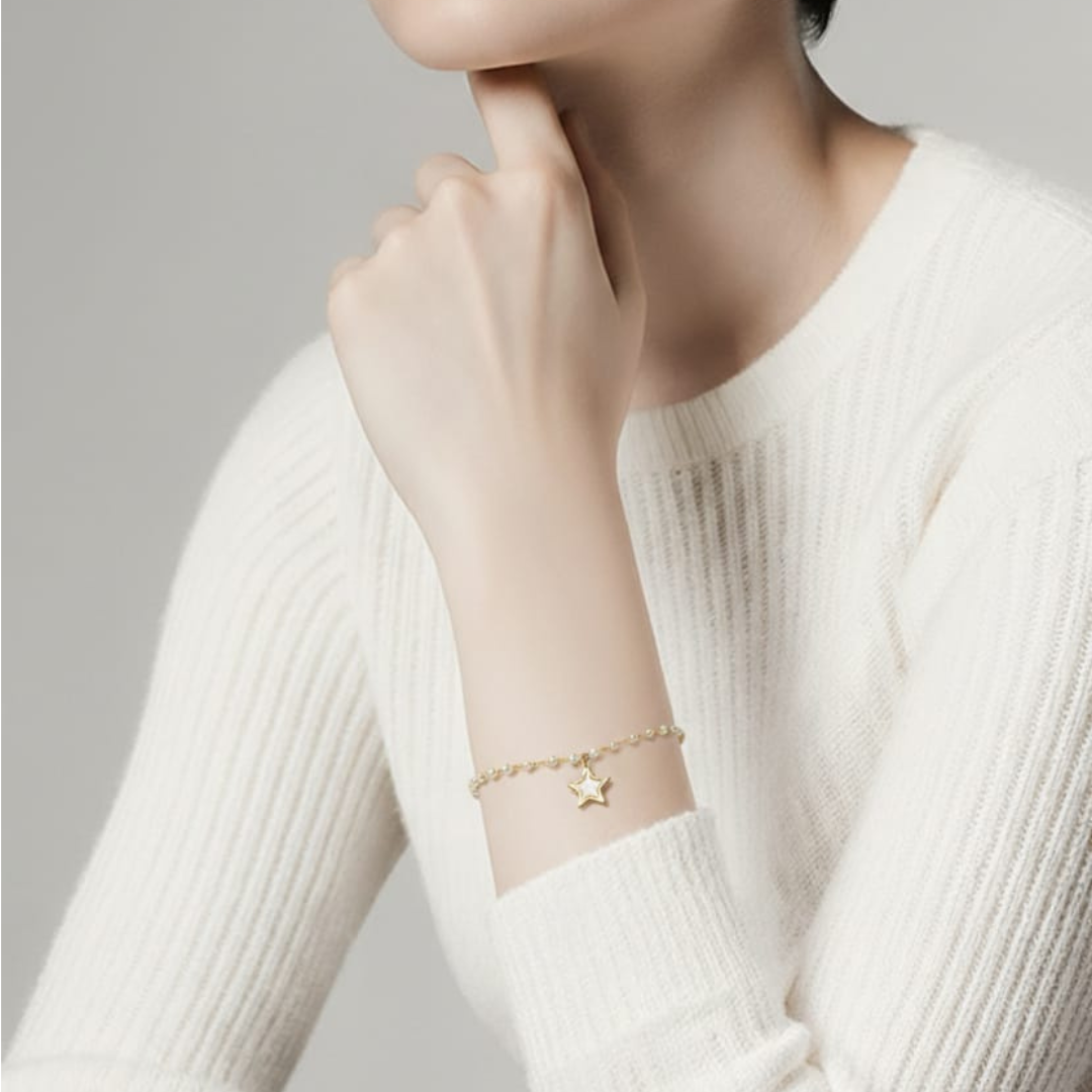 Bracciale in acciaio inossidabile con perle bianche e ciondolo a forma di stella in conchiglia naturale