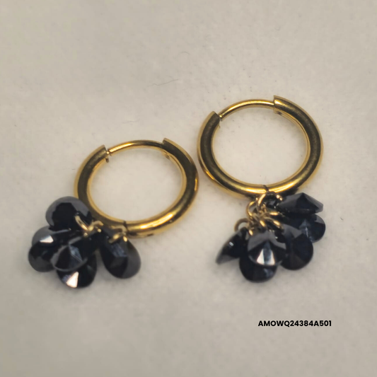 Steel gold earrings with black crystal drop pendants