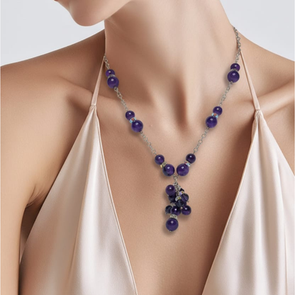 Amethyst cluster necklace + Swarovski crystals, 925 silver and steel