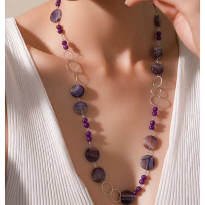 Collana in pietra naturale di agata viola da 10 mm + dischi da 25 mm con pezzi in argento sterling 925