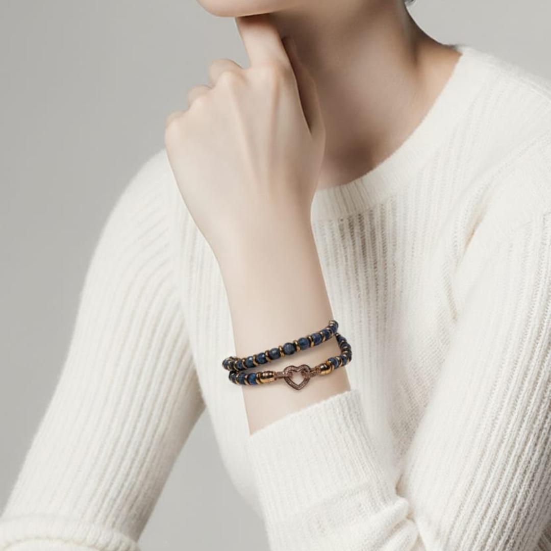 Bracciale doppio con pietre di diaspro blu e dettagli in oro rosa