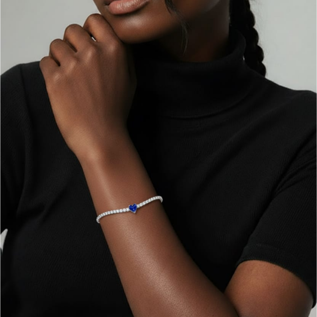 Bracciale tennis in acciaio con pietre di zirconia e ciondolo a forma di cuore bianco, blu navy, rosso o verde