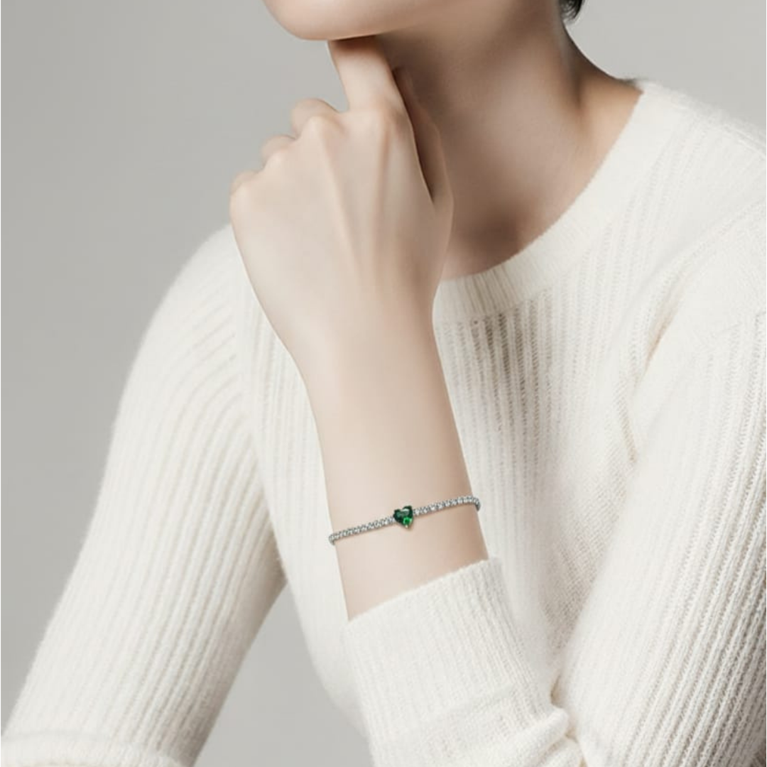 Bracciale tennis in acciaio con pietre di zirconia e ciondolo a forma di cuore bianco, blu navy, rosso o verde