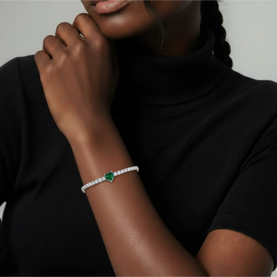 Bracciale tennis in acciaio con pietre di zirconia e ciondolo a forma di cuore bianco, blu navy, rosso o verde