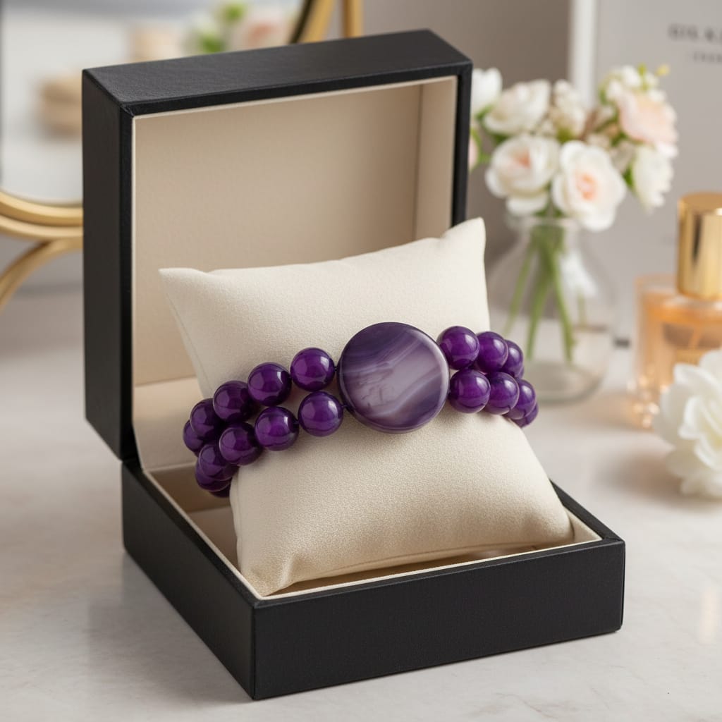 Pulsera de piedra natural ágata violeta de 10 mm + dos cuentas centrales de 25 mm