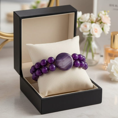 Pulsera de piedra natural ágata violeta de 10 mm + dos cuentas centrales de 25 mm