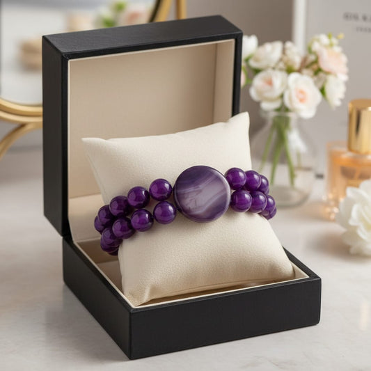Pulsera de piedra natural ágata violeta de 10 mm + dos cuentas centrales de 25 mm