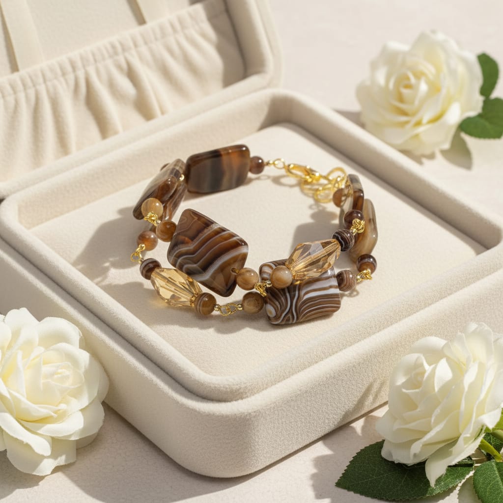 Bracciale in agata marrone con cristalli Swarovski e argento sterling 925