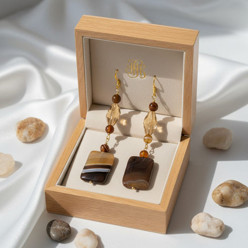 Pendientes de ágata marrón con cristales de Swarovski y plata 925