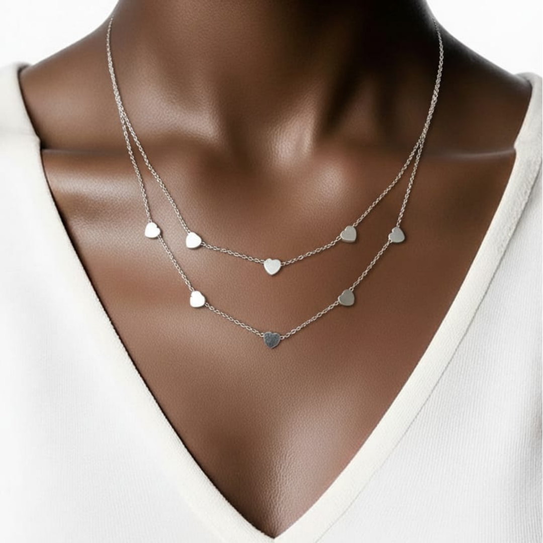 Collana doppia in acciaio con piccoli cuori