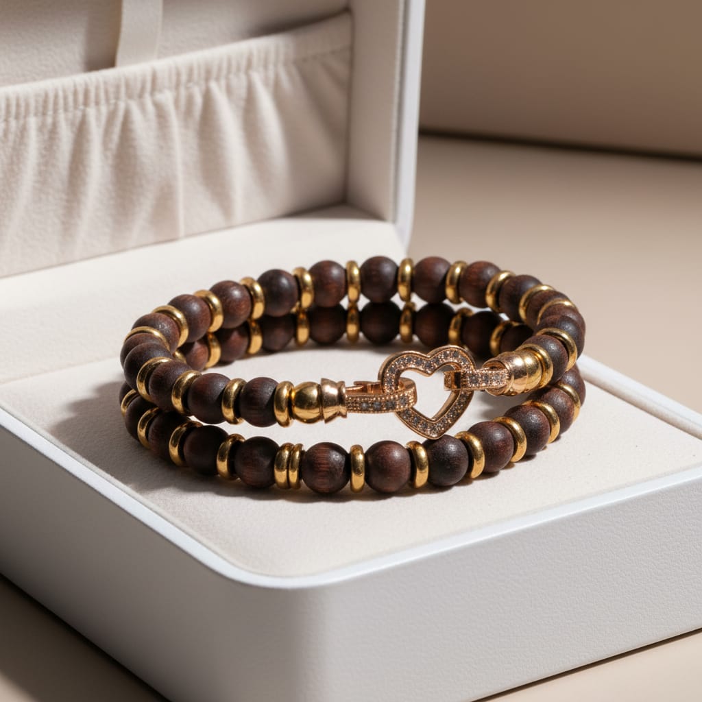 Bracciale doppio con perline di pietra e chiusura a cuore in oro rosa