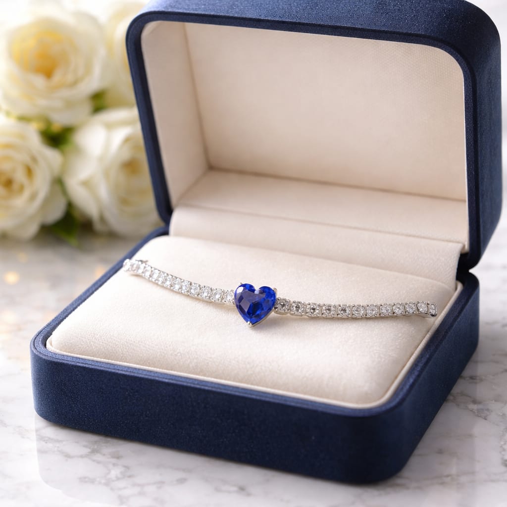 Bracciale tennis in acciaio con pietre di zirconia e ciondolo a forma di cuore bianco, blu navy, rosso o verde