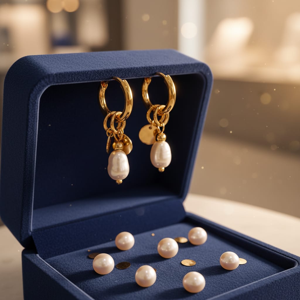 Pendientes de aro de acero con colgante de perla