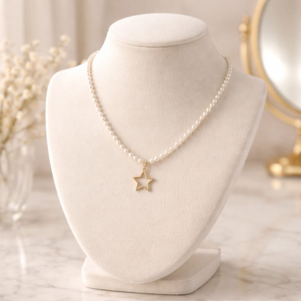 Collar de acero inoxidable con perlas blancas y colgante de estrella de concha natural