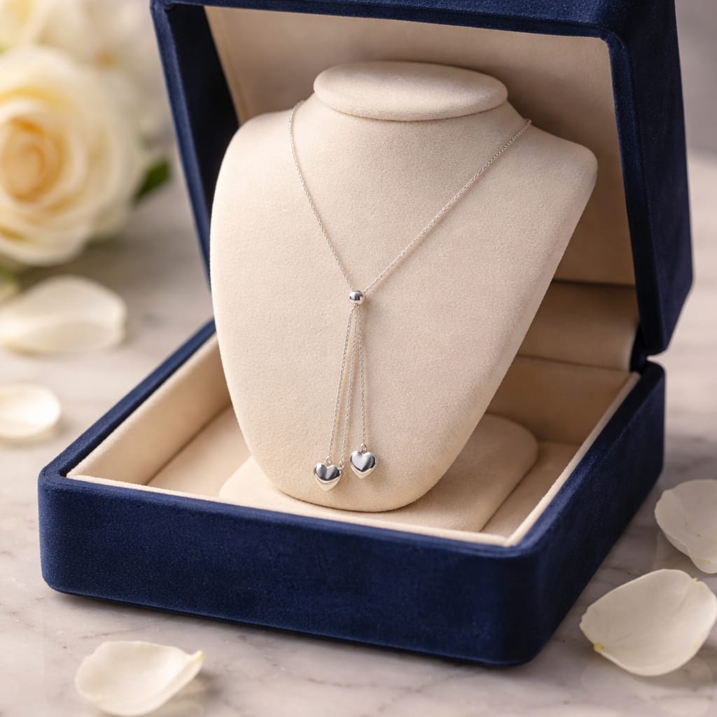 Collar ajustable de acero inoxidable 316L con dos colgantes de corazón