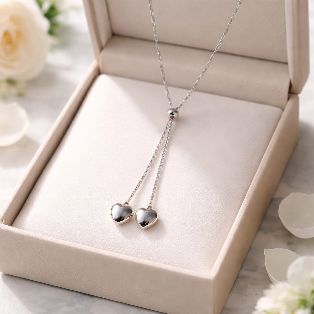 Collar ajustable de acero inoxidable 316L con dos colgantes de corazón
