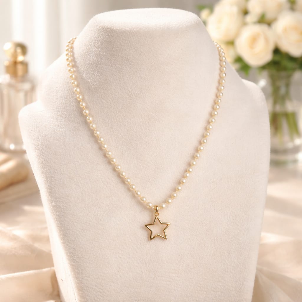 Collar de acero inoxidable con perlas blancas y colgante de estrella de concha natural