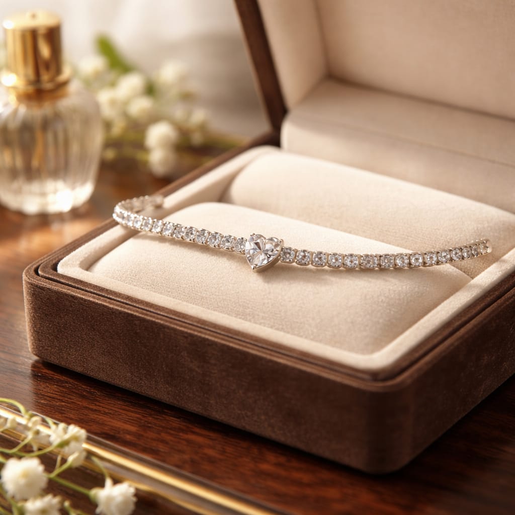 Bracciale tennis in acciaio con pietre di zirconia e ciondolo a forma di cuore bianco, blu navy, rosso o verde