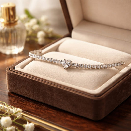 Bracciale tennis in acciaio con pietre di zirconia e ciondolo a forma di cuore bianco, blu navy, rosso o verde