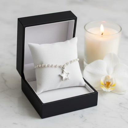Bracciale in acciaio inossidabile con perle bianche e ciondolo a forma di stella in conchiglia naturale