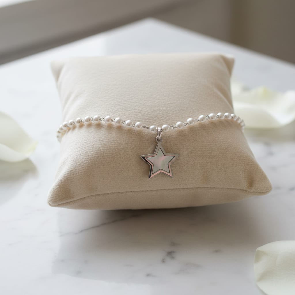 Bracciale in acciaio inossidabile con perle bianche e ciondolo a forma di stella in conchiglia naturale