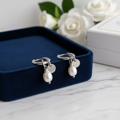 Pendientes de aro de acero con colgante de perla