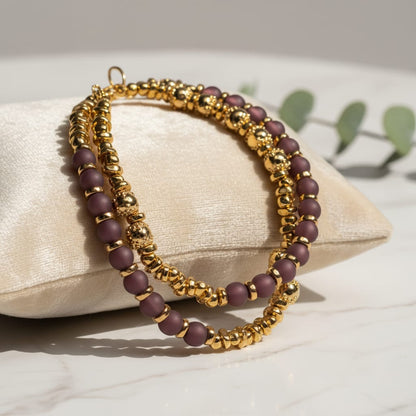 Bracciale doppio con pietra occhio di gatto e perline oro rosa