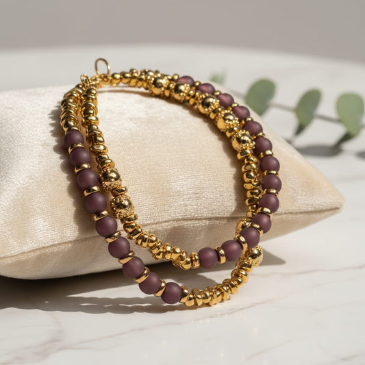 Bracciale doppio con pietra occhio di gatto e perline oro rosa