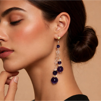 Pendientes de racimo de amatista + cristales de Swarovski y piezas de plata de ley 925