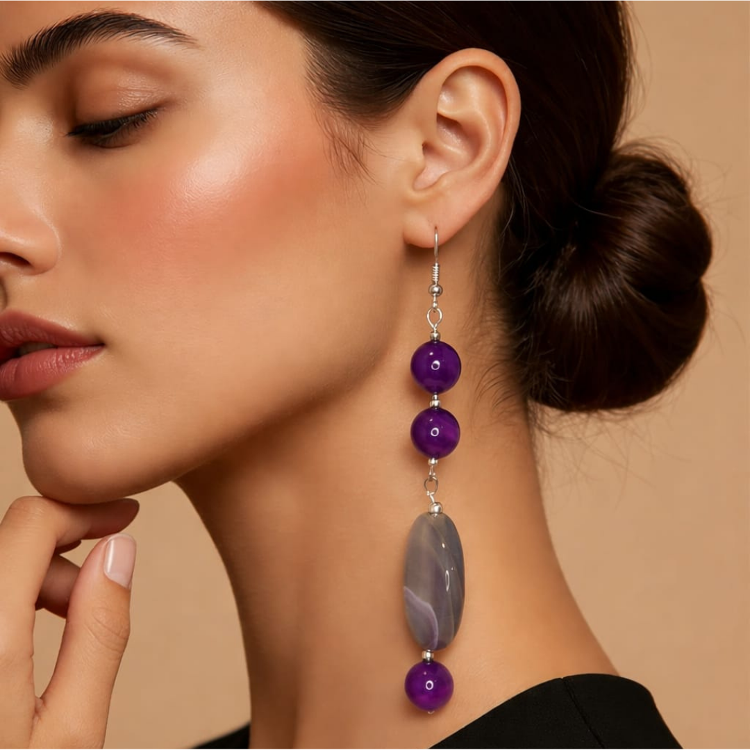 Pendientes de piedra natural ágata violeta de 10 mm + disco de 25 mm con componentes de plata de ley 925