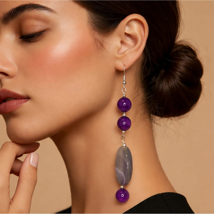 Pendientes de piedra natural ágata violeta de 10 mm + disco de 25 mm con componentes de plata de ley 925