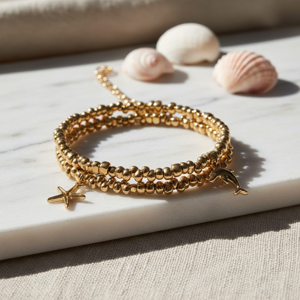 Bracciale in oro con perline metalliche e ciondoli decorativi