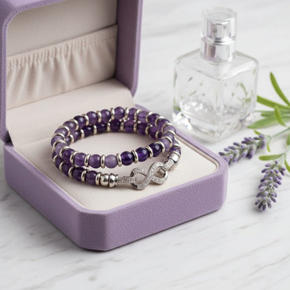 Bracciale doppio con pietra di ametista e chiusura con simbolo dell'infinito, solo per polsi sottili!