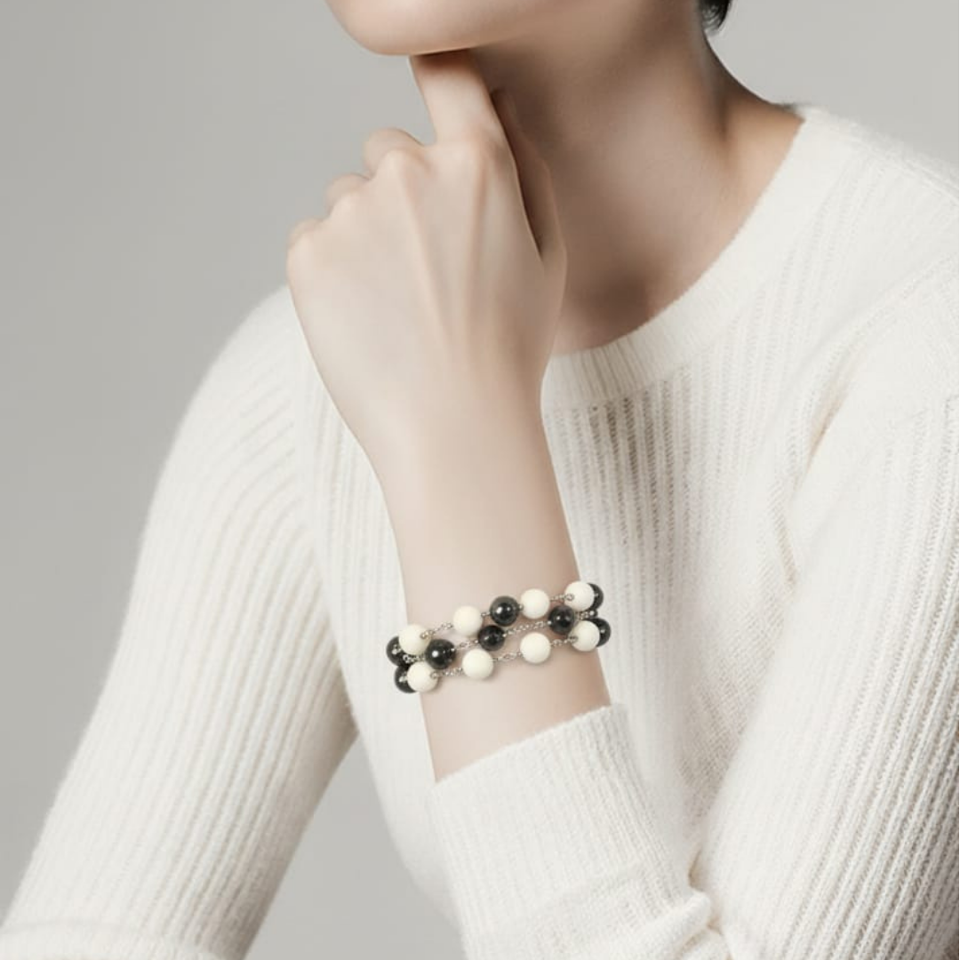 Bracciale con pietra di conchiglia da 12 mm + ematite da 12 mm e ovalina da 8×12 mm con pezzi d'argento 925