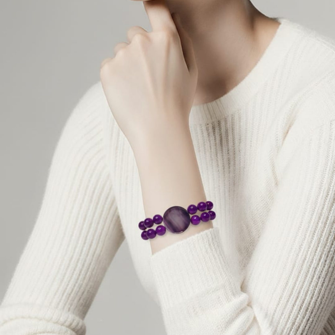 Pulsera de piedra natural ágata violeta de 10 mm + dos cuentas centrales de 25 mm