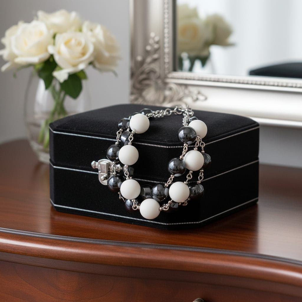 Bracciale con pietra di conchiglia da 12 mm + ematite da 12 mm e ovalina da 8×12 mm con pezzi d'argento 925