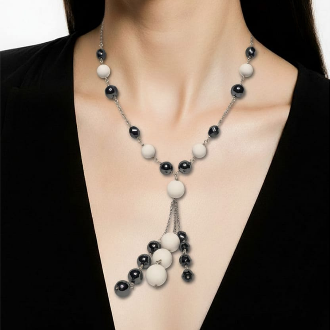 Collana con pietre di conchiglia marrone da 12 mm e 16 mm + ematite ovale 8×12 mm con componenti in argento sterling 925
