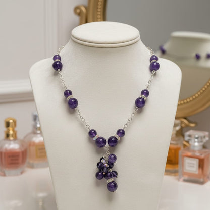 Amethyst cluster necklace + Swarovski crystals, 925 silver and steel