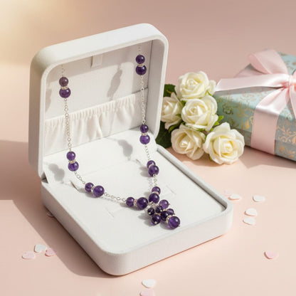 Amethyst cluster necklace + Swarovski crystals, 925 silver and steel