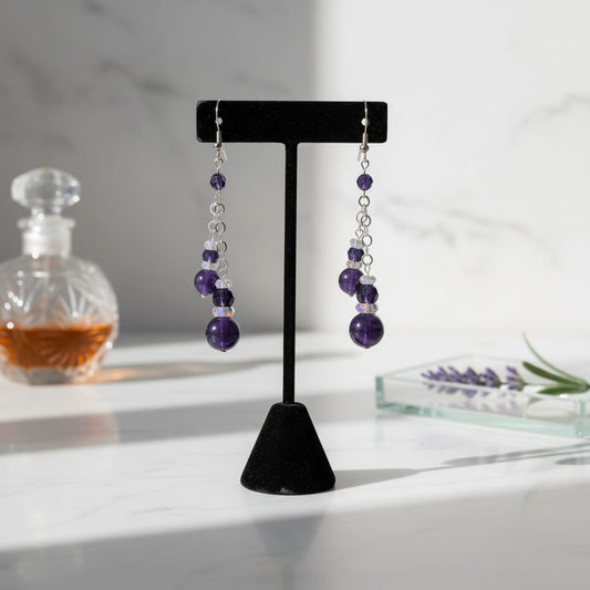 Pendientes de racimo de amatista + cristales de Swarovski y piezas de plata de ley 925