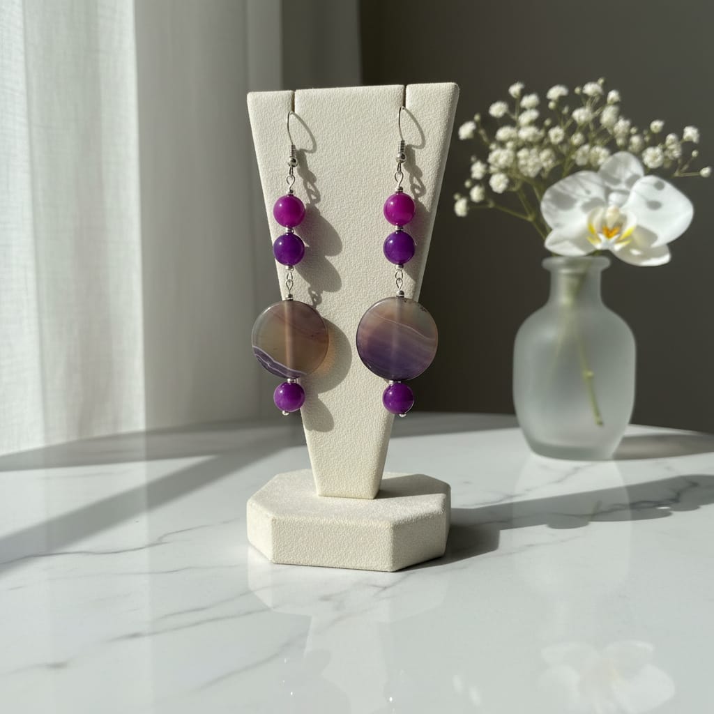 Pendientes de piedra natural ágata violeta de 10 mm + disco de 25 mm con componentes de plata de ley 925